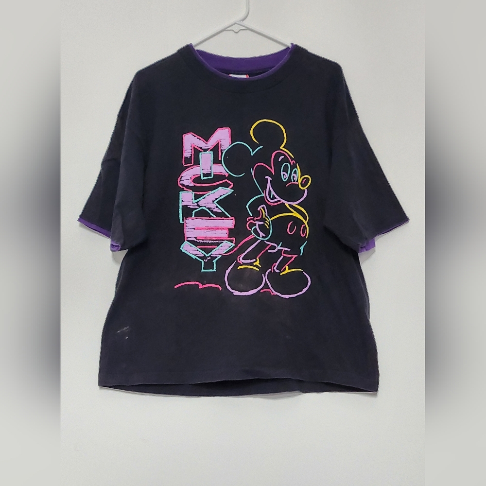 Vintage 90s Disney Designs Neon Mickey Mouse Double Layer T-Shirt One Size
